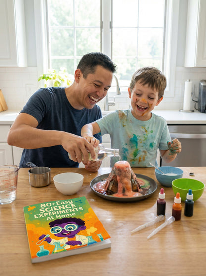 Man and child conducting a science experiment at home with a book titled '80 Easy Science Experiments at Home'.