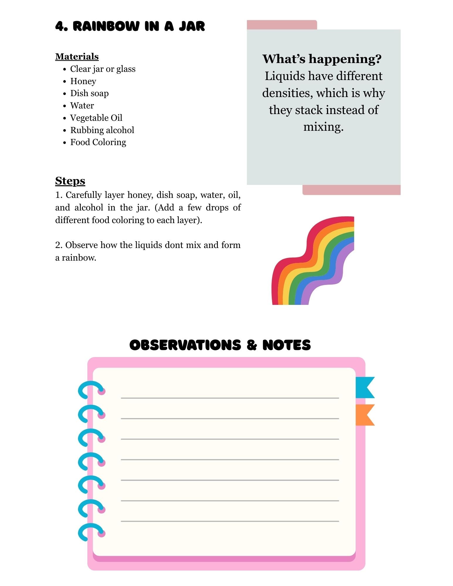 Educational worksheet about creating a rainbow in a jar with materials and steps.